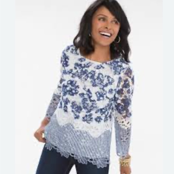 Chico’s Printed Lace Popover Top
0 Petite ( Size 4) White Navy - Picture 3 of 13